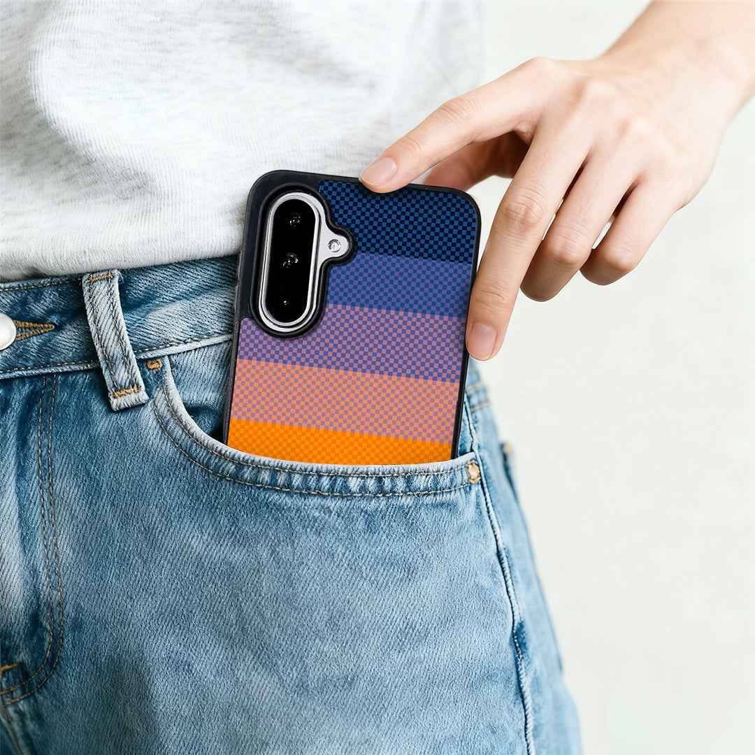 For Samsung Galaxy A57 5G Magnetic Case EYCASE Kevlar Series UV Printed Black Edge TPU Acrylic Phone Cover - Sunset Glow