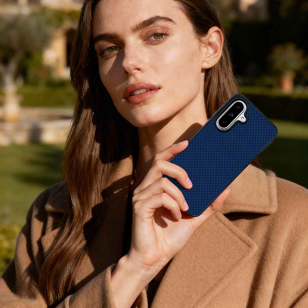 For Samsung Galaxy A57 5G Magnetic Case EYCASE Kevlar Series UV Printed Black Edge TPU Acrylic Phone Cover - Dark Blue