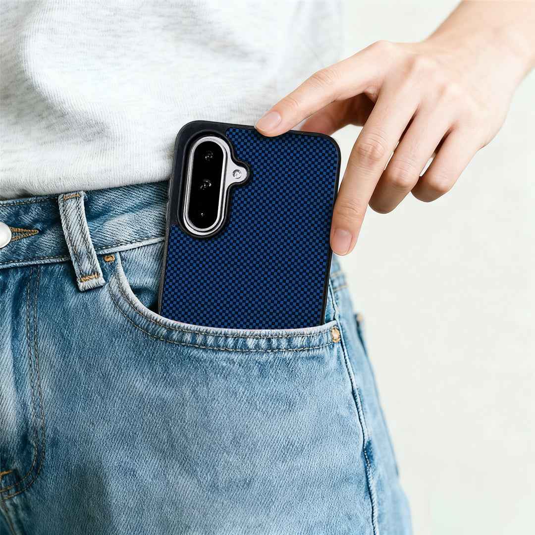 For Samsung Galaxy A57 5G Magnetic Case EYCASE Kevlar Series UV Printed Black Edge TPU Acrylic Phone Cover - Dark Blue