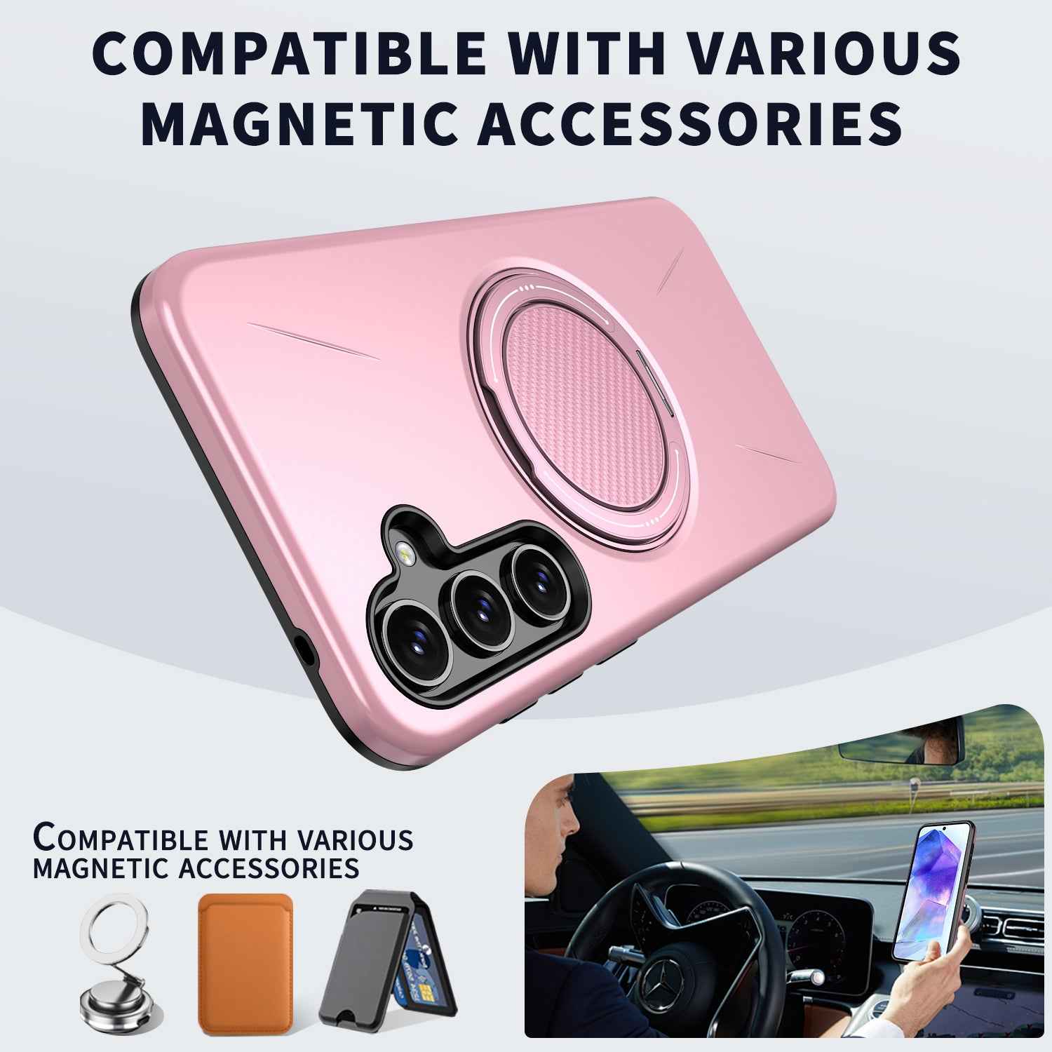 For Samsung Galaxy A57 5G Magnetic Case Rotating Kickstand TPU + PC Phone Cover - Pink