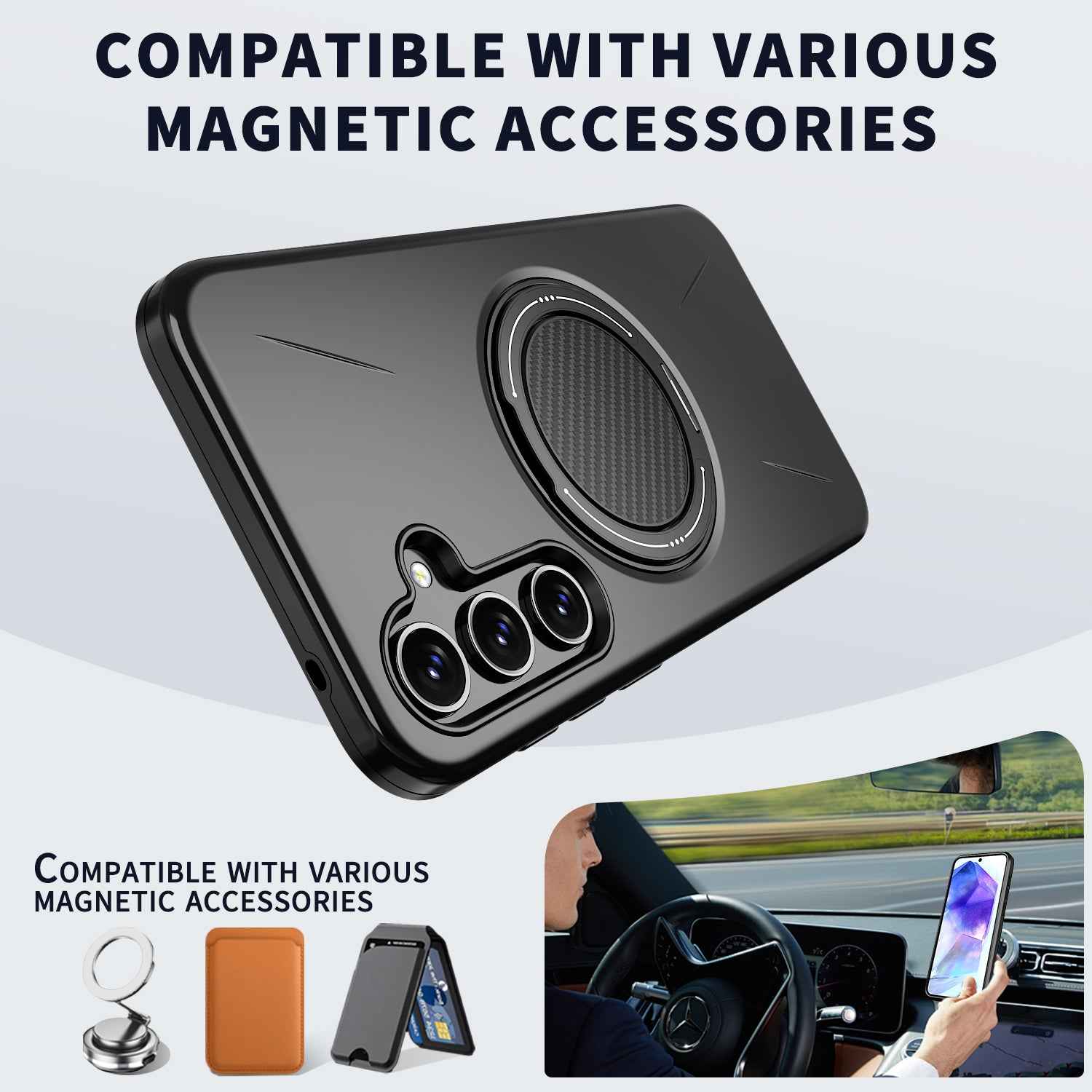 For Samsung Galaxy A57 5G Magnetic Case Rotating Kickstand TPU + PC Phone Cover - Black