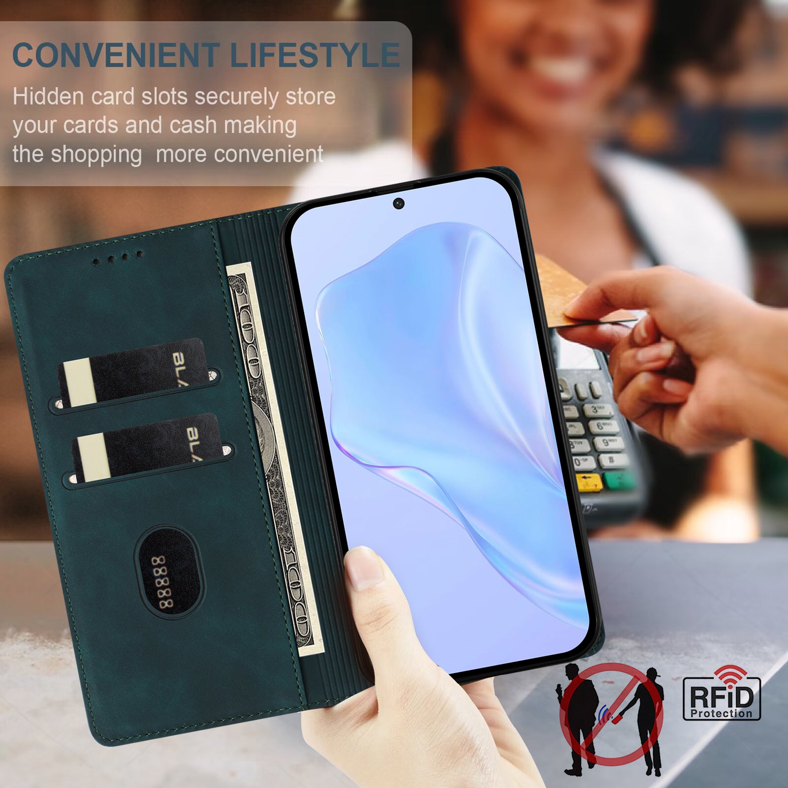 For Xiaomi Poco M8 5G / Xiaomi Redmi Note 15 4G (Global) / Xiaomi Redmi Note 15 5G (Global) Case HX RFID Blocking Wallet Stand Leather Flip Phone Cover - Dark Green