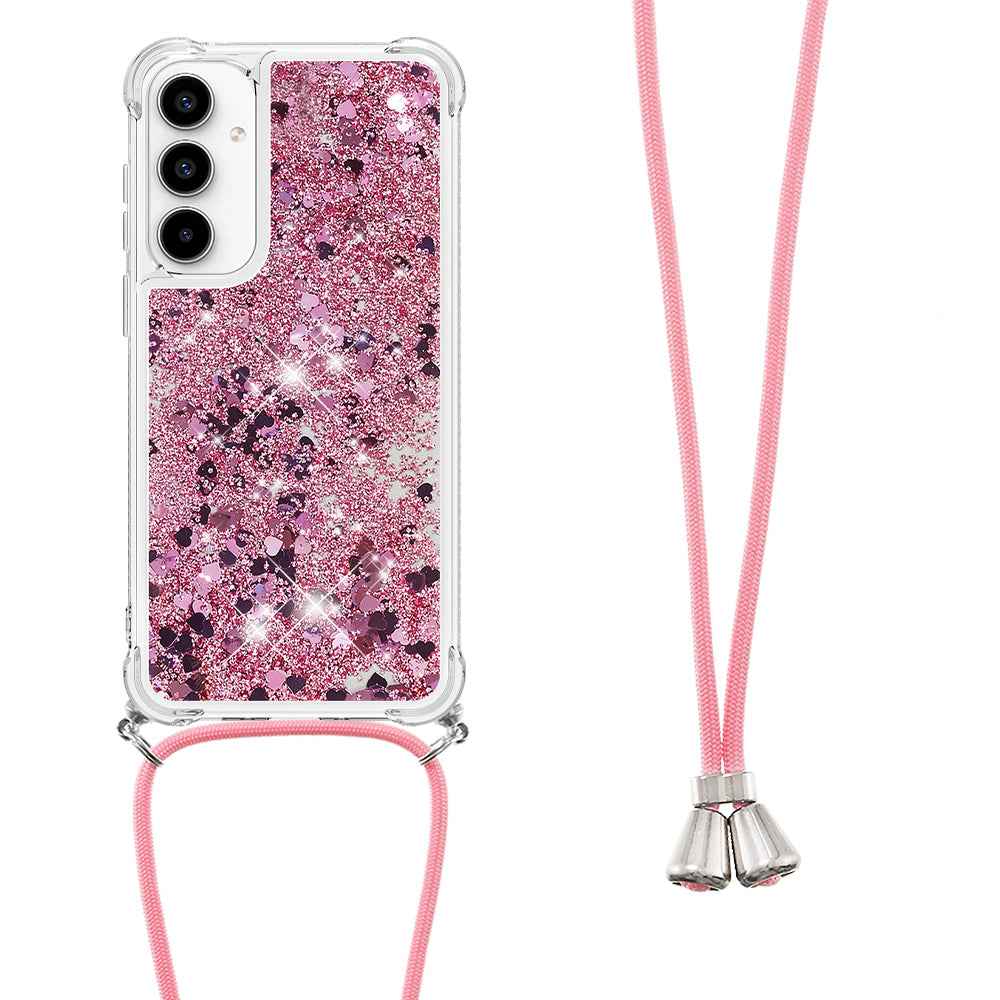 For Samsung Galaxy A57 5G TPU Case Quicksand Phone Cover with Lanyard - Rose Gold / Hearts