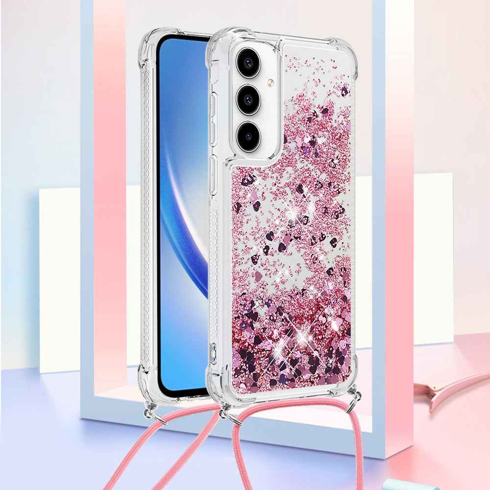 For Samsung Galaxy A57 5G TPU Case Quicksand Phone Cover with Lanyard - Rose Gold / Hearts