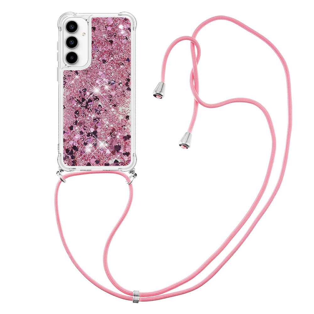 For Samsung Galaxy A57 5G TPU Case Quicksand Phone Cover with Lanyard - Rose Gold / Hearts
