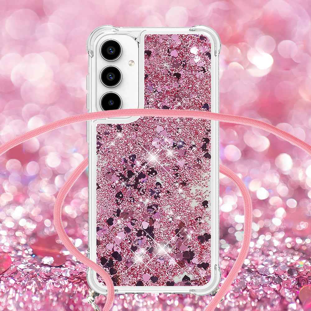 For Samsung Galaxy A57 5G TPU Case Quicksand Phone Cover with Lanyard - Rose Gold / Hearts
