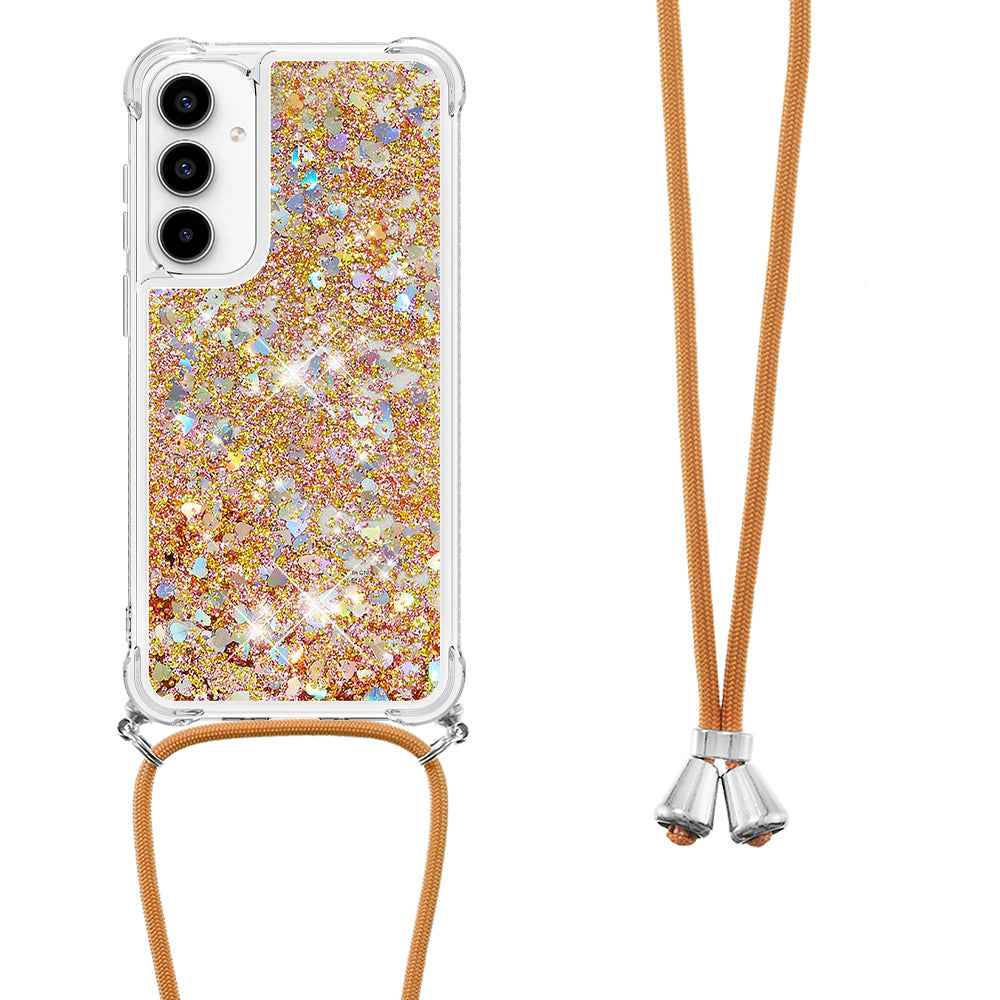 For Samsung Galaxy A57 5G TPU Case Quicksand Phone Cover with Lanyard - Gold / Hearts