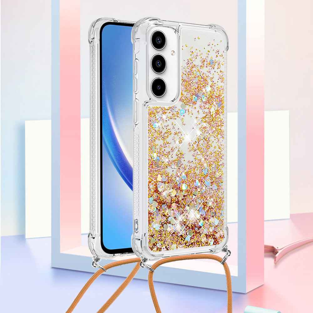 For Samsung Galaxy A57 5G TPU Case Quicksand Phone Cover with Lanyard - Gold / Hearts