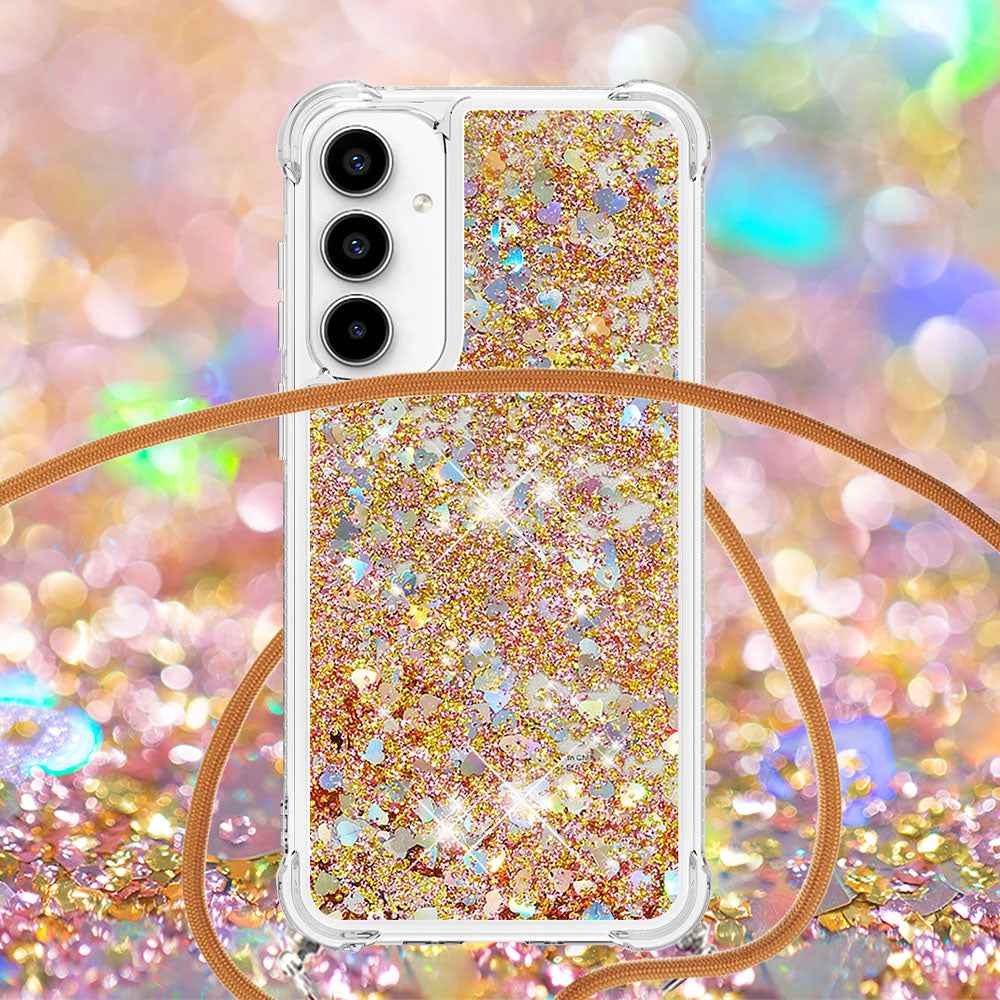 For Samsung Galaxy A57 5G TPU Case Quicksand Phone Cover with Lanyard - Gold / Hearts