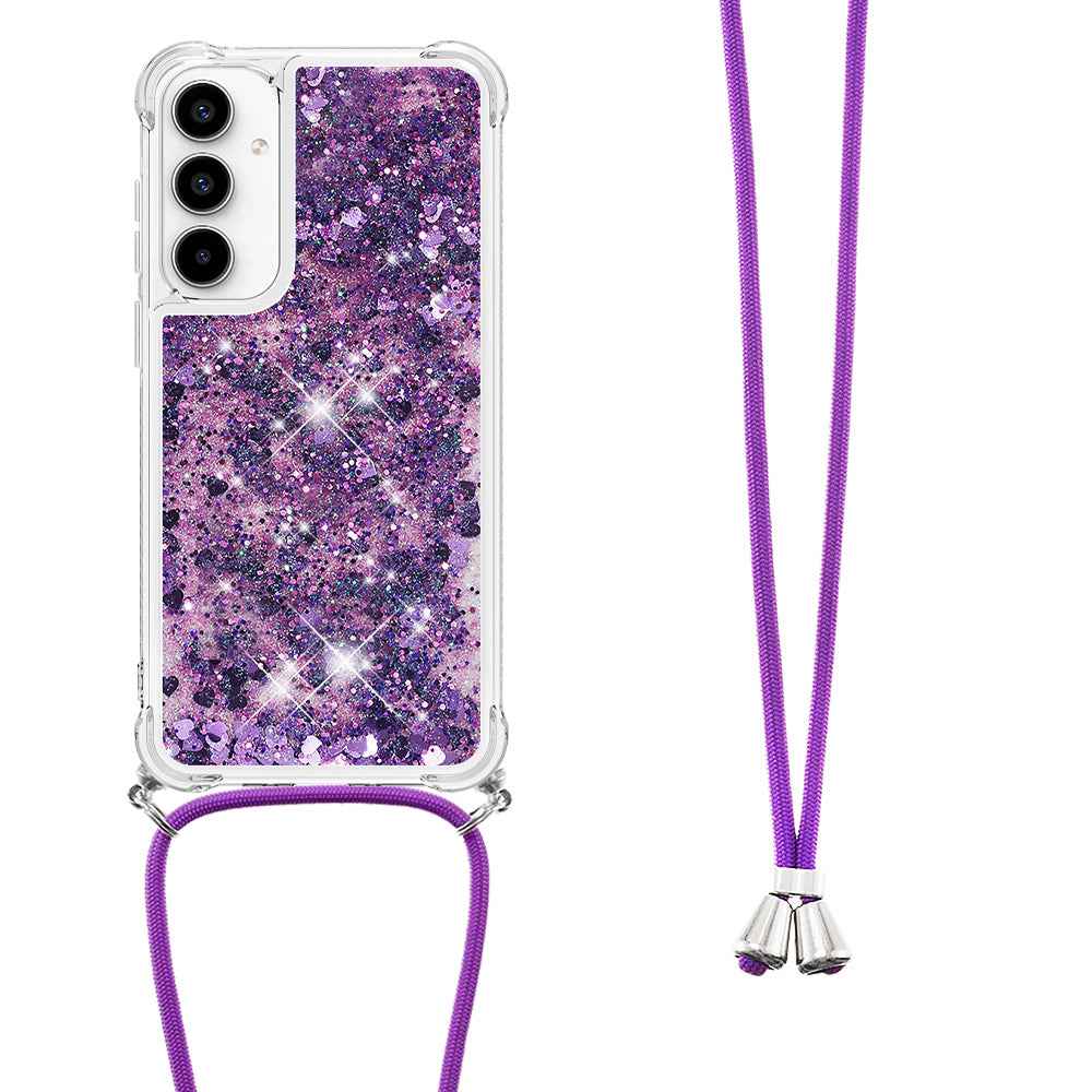 For Samsung Galaxy A57 5G TPU Case Quicksand Phone Cover with Lanyard - Dark Purple / Hearts