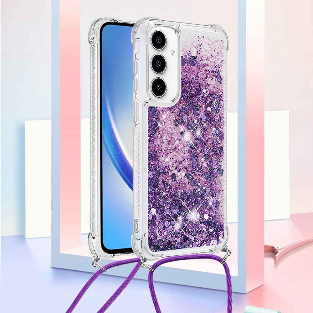 For Samsung Galaxy A57 5G TPU Case Quicksand Phone Cover with Lanyard - Dark Purple / Hearts