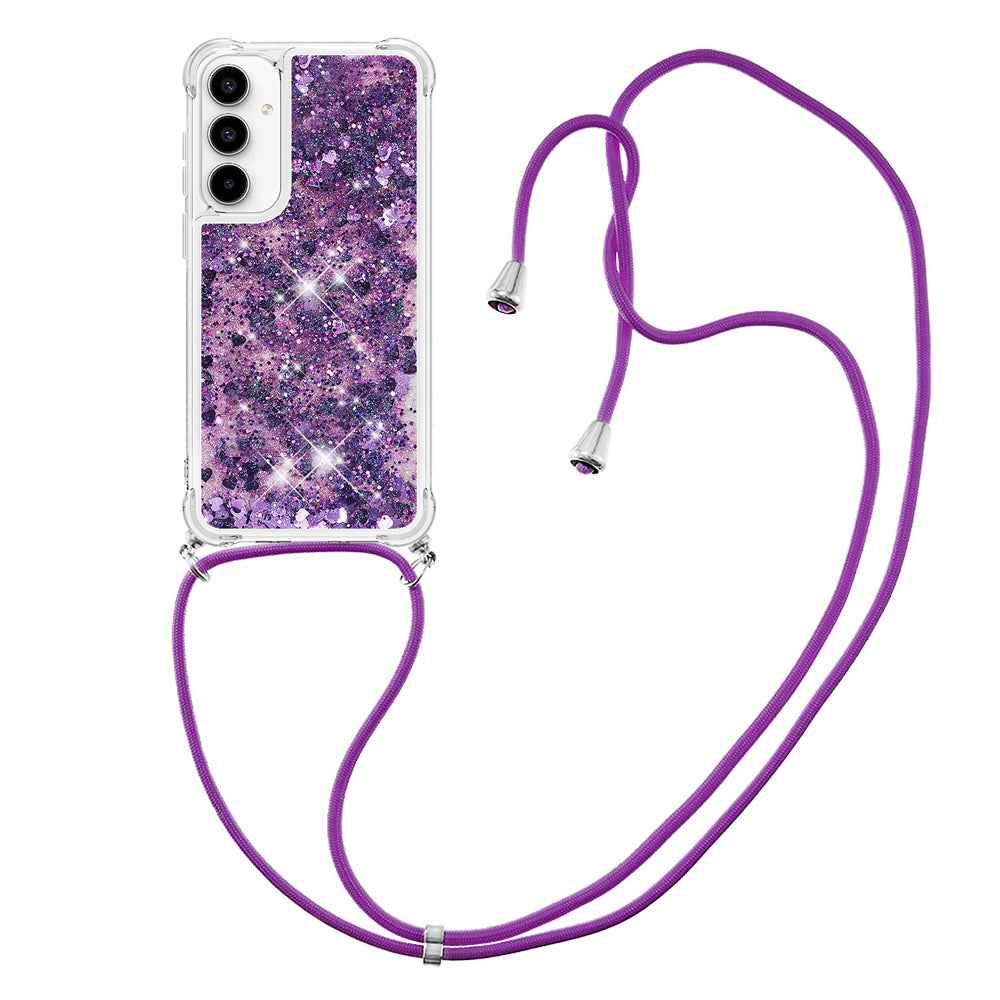 For Samsung Galaxy A57 5G TPU Case Quicksand Phone Cover with Lanyard - Dark Purple / Hearts