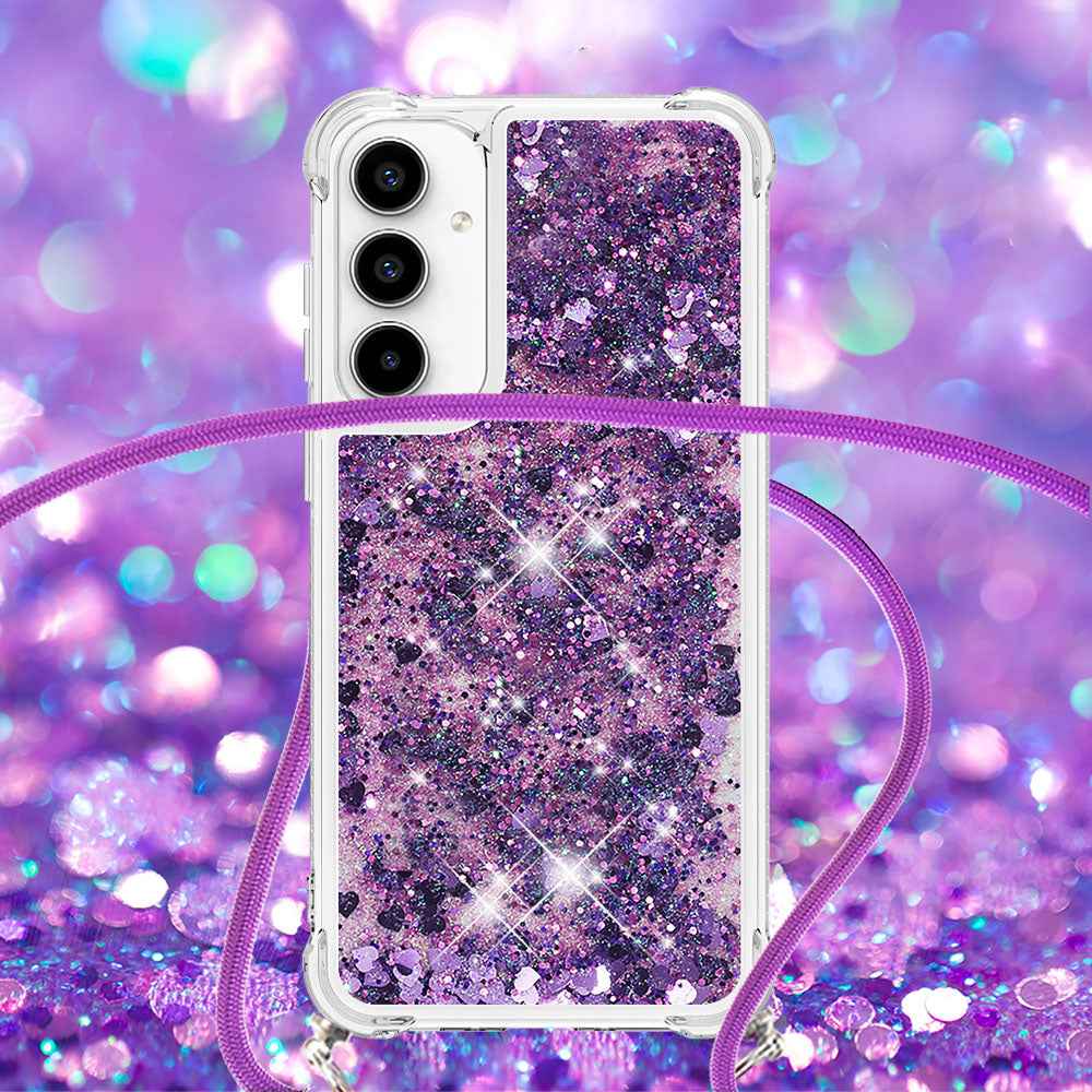 For Samsung Galaxy A57 5G TPU Case Quicksand Phone Cover with Lanyard - Dark Purple / Hearts