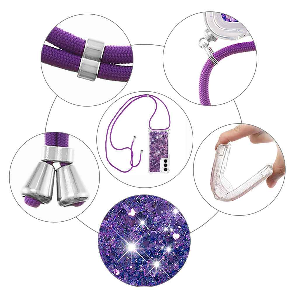 For Samsung Galaxy A57 5G TPU Case Quicksand Phone Cover with Lanyard - Dark Purple / Hearts
