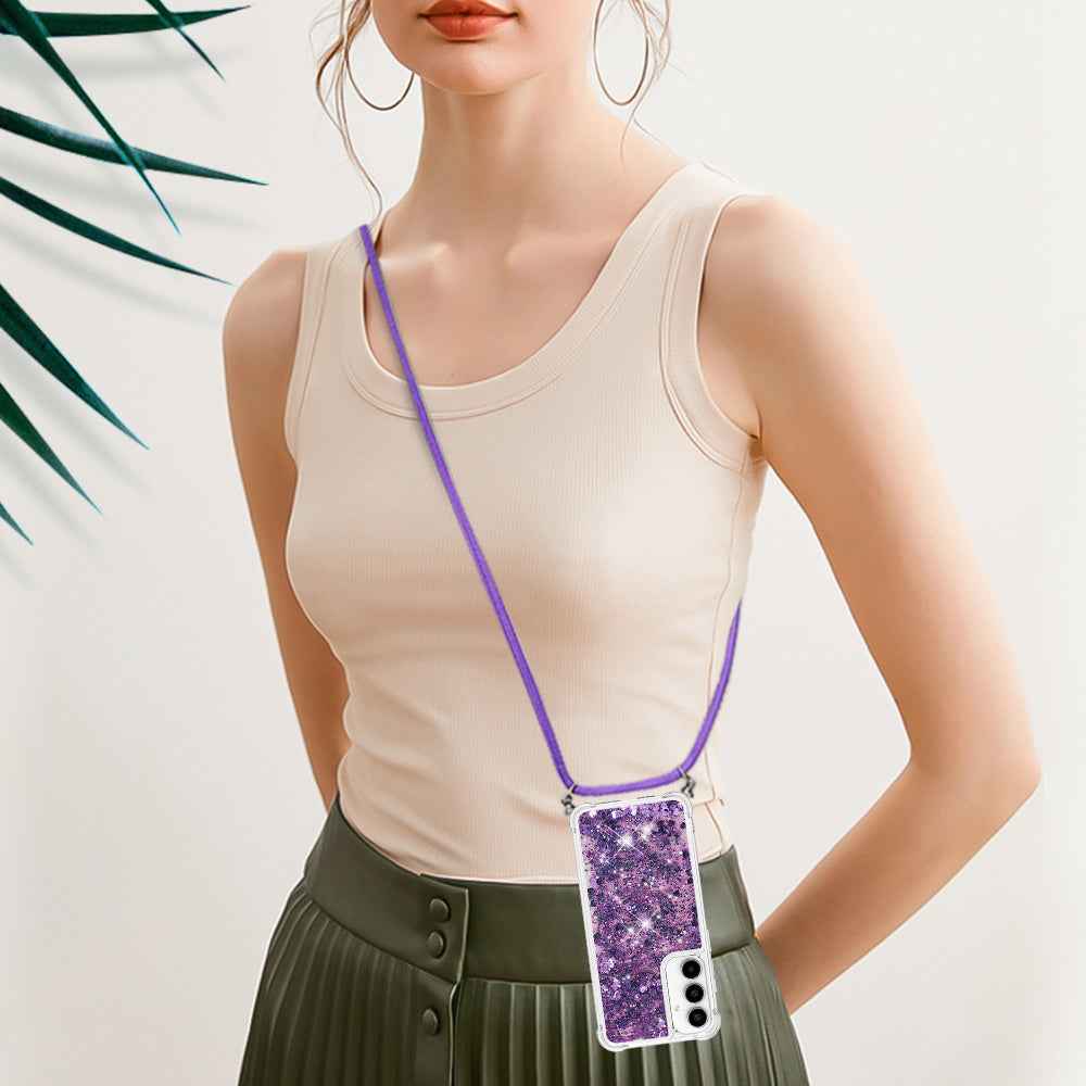 For Samsung Galaxy A57 5G TPU Case Quicksand Phone Cover with Lanyard - Dark Purple / Hearts