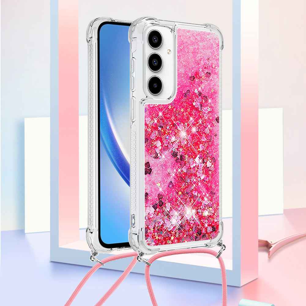 For Samsung Galaxy A57 5G TPU Case Quicksand Phone Cover with Lanyard - Pink / Hearts