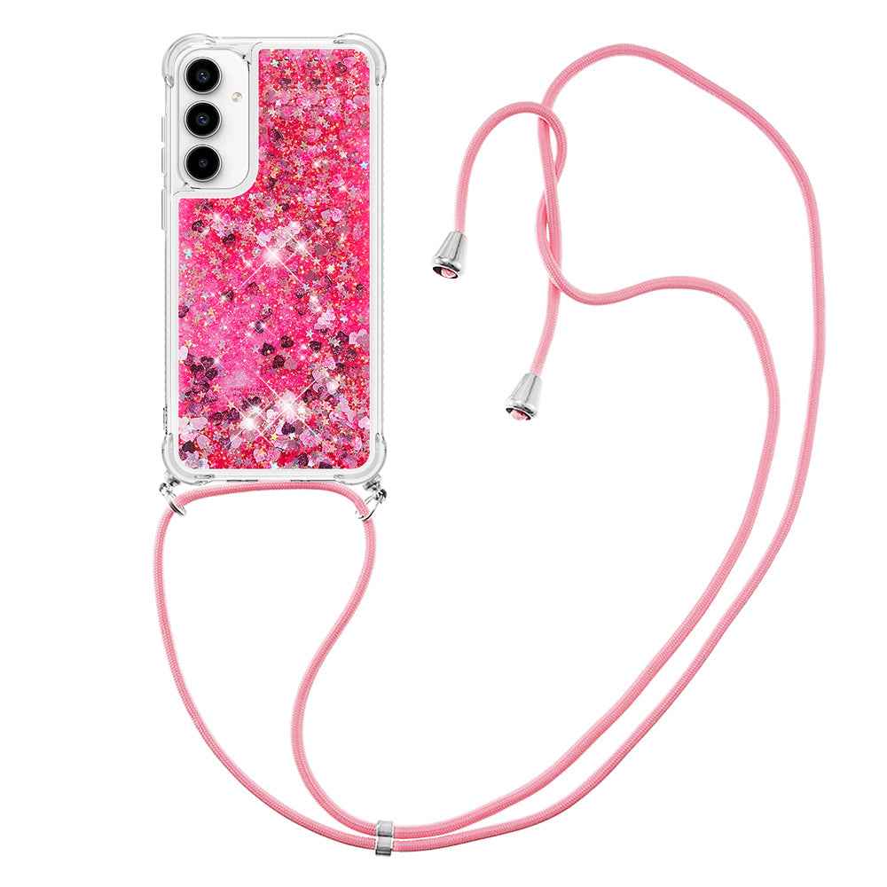 For Samsung Galaxy A57 5G TPU Case Quicksand Phone Cover with Lanyard - Pink / Hearts