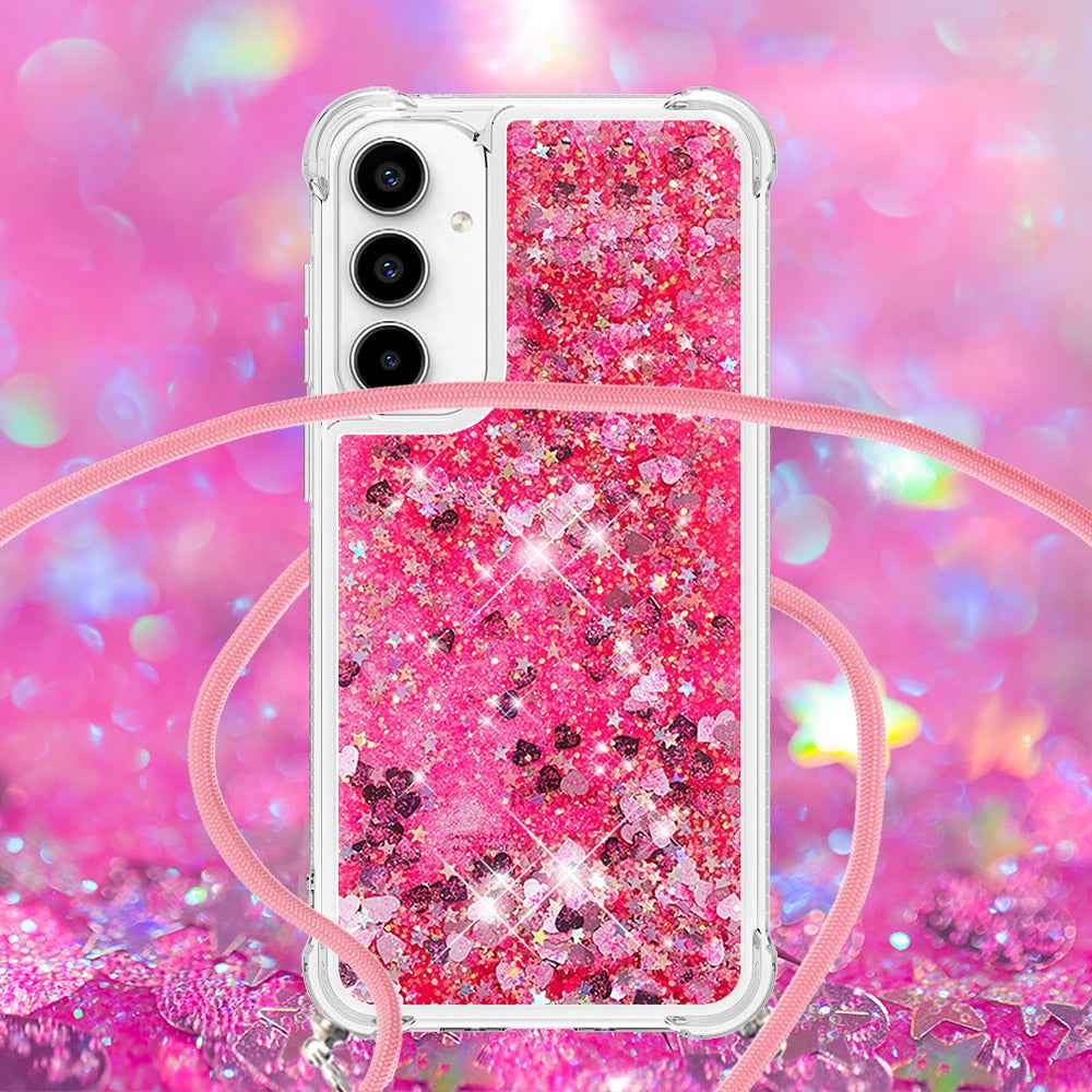 For Samsung Galaxy A57 5G TPU Case Quicksand Phone Cover with Lanyard - Pink / Hearts