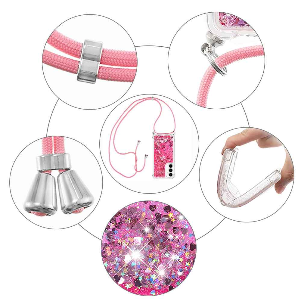 For Samsung Galaxy A57 5G TPU Case Quicksand Phone Cover with Lanyard - Pink / Hearts