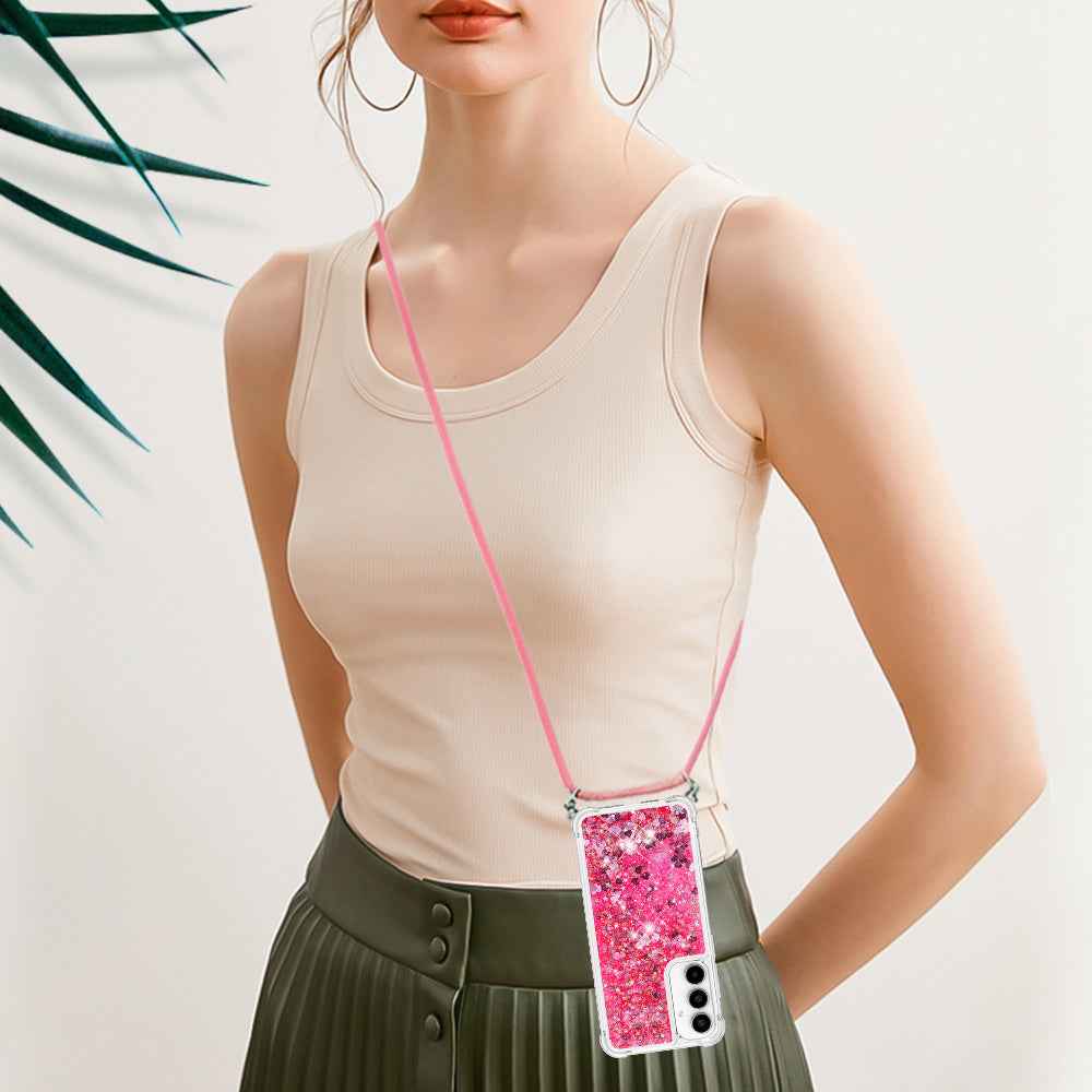 For Samsung Galaxy A57 5G TPU Case Quicksand Phone Cover with Lanyard - Pink / Hearts
