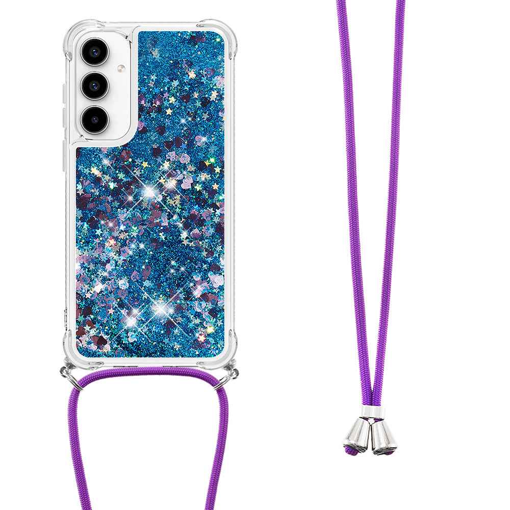 For Samsung Galaxy A57 5G TPU Case Quicksand Phone Cover with Lanyard - Blue / Hearts