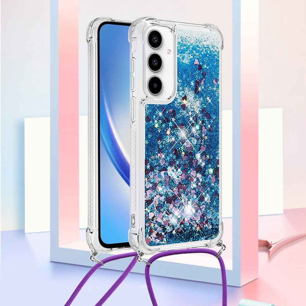 For Samsung Galaxy A57 5G TPU Case Quicksand Phone Cover with Lanyard - Blue / Hearts