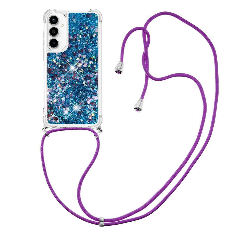 For Samsung Galaxy A57 5G TPU Case Quicksand Phone Cover with Lanyard - Blue / Hearts