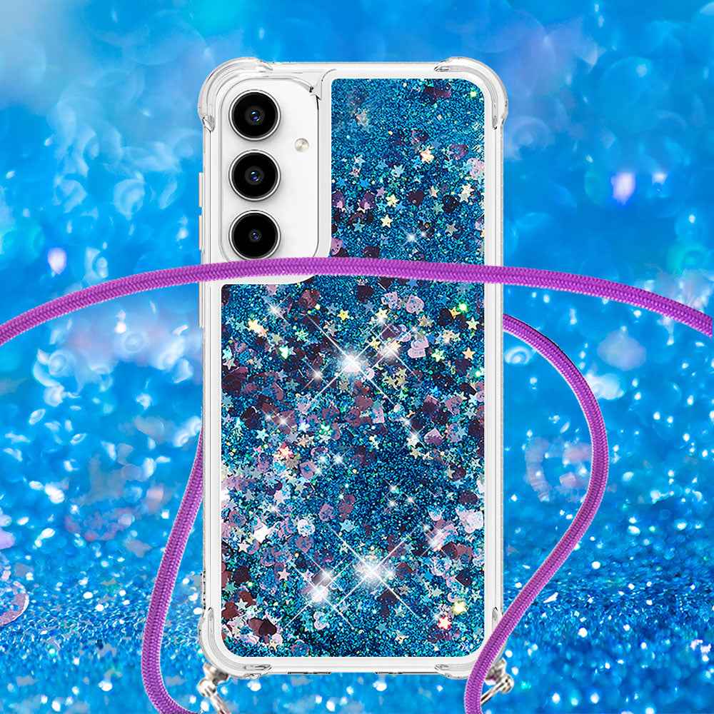 For Samsung Galaxy A57 5G TPU Case Quicksand Phone Cover with Lanyard - Blue / Hearts