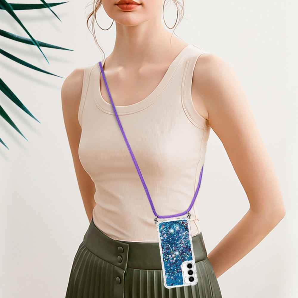 For Samsung Galaxy A57 5G TPU Case Quicksand Phone Cover with Lanyard - Blue / Hearts