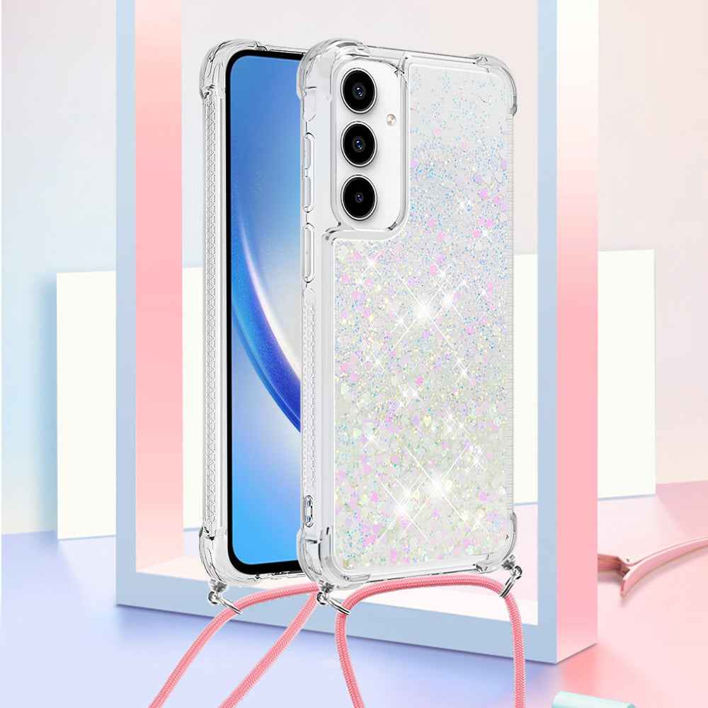 For Samsung Galaxy A57 5G TPU Case Quicksand Phone Cover with Lanyard - Laser / Hearts