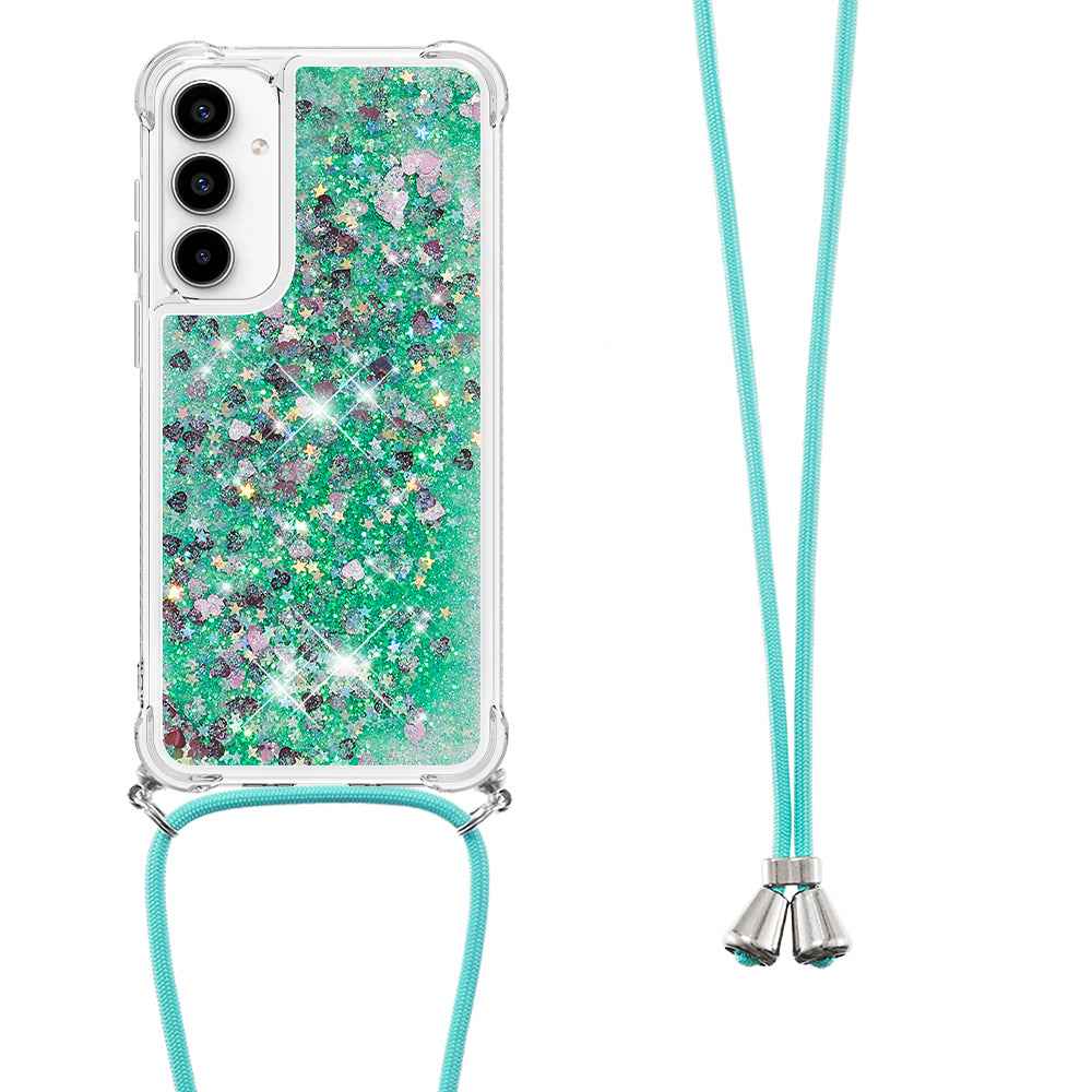 For Samsung Galaxy A57 5G TPU Case Quicksand Phone Cover with Lanyard - Green / Hearts