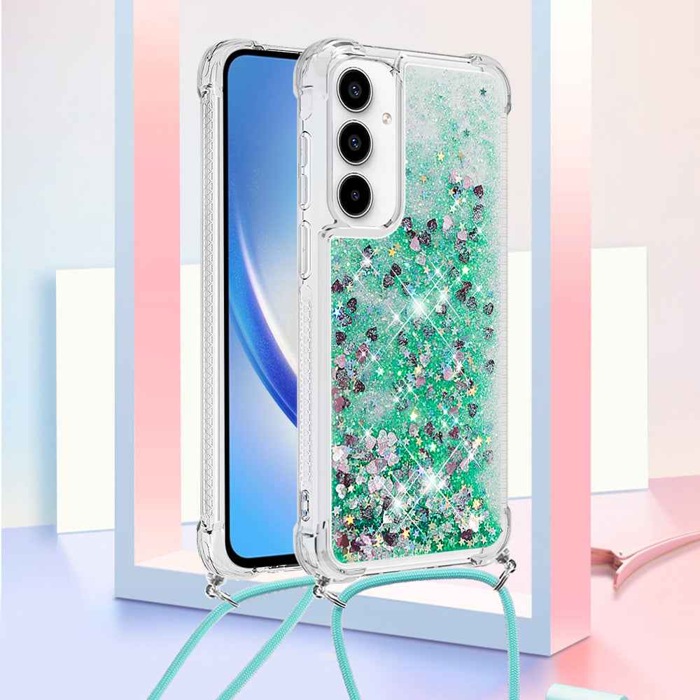 For Samsung Galaxy A57 5G TPU Case Quicksand Phone Cover with Lanyard - Green / Hearts