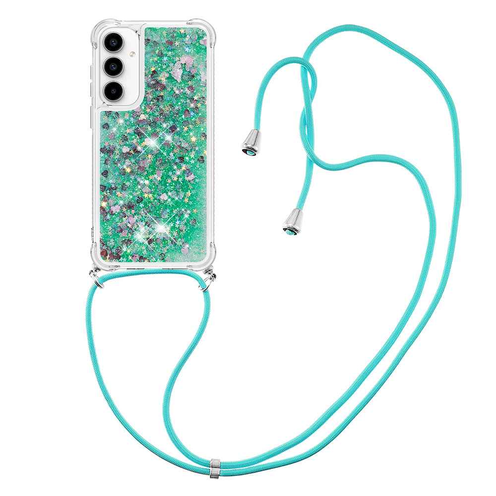 For Samsung Galaxy A57 5G TPU Case Quicksand Phone Cover with Lanyard - Green / Hearts