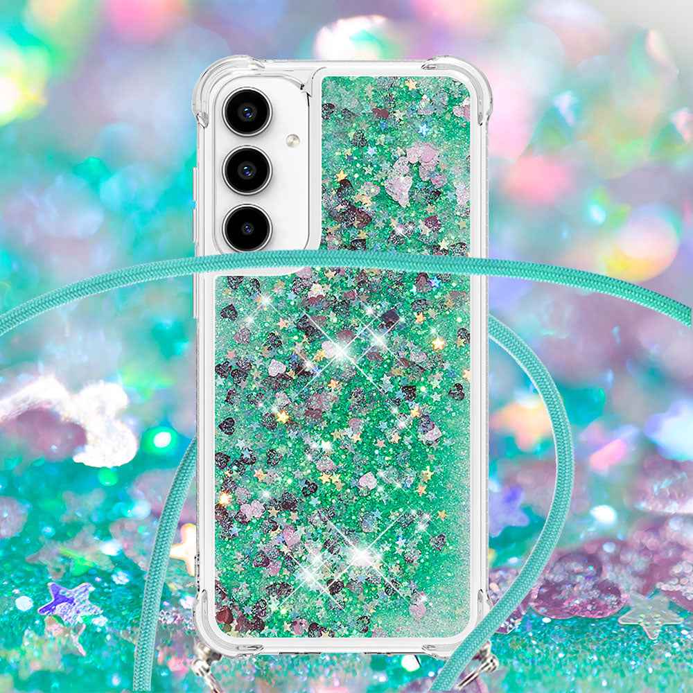 For Samsung Galaxy A57 5G TPU Case Quicksand Phone Cover with Lanyard - Green / Hearts