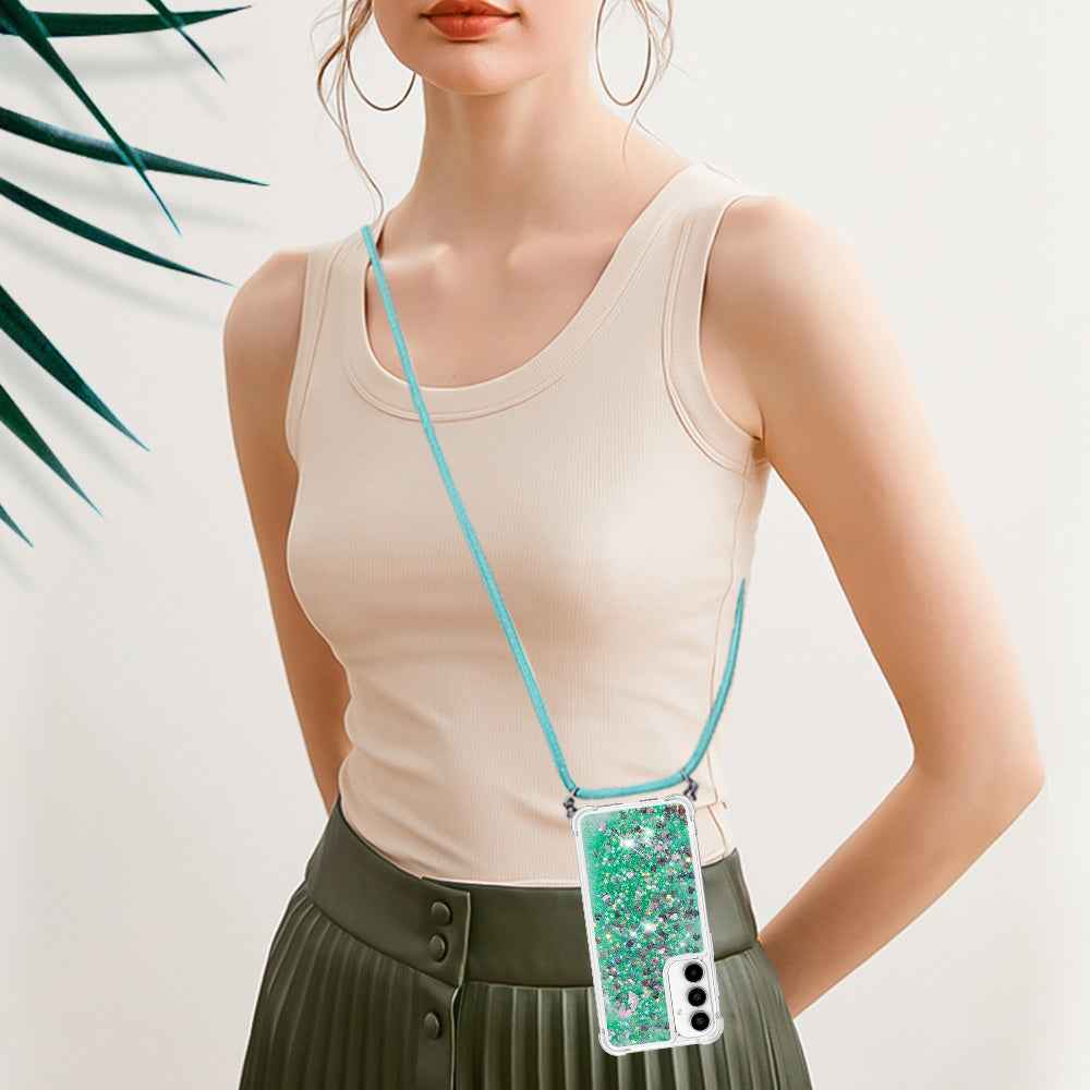 For Samsung Galaxy A57 5G TPU Case Quicksand Phone Cover with Lanyard - Green / Hearts