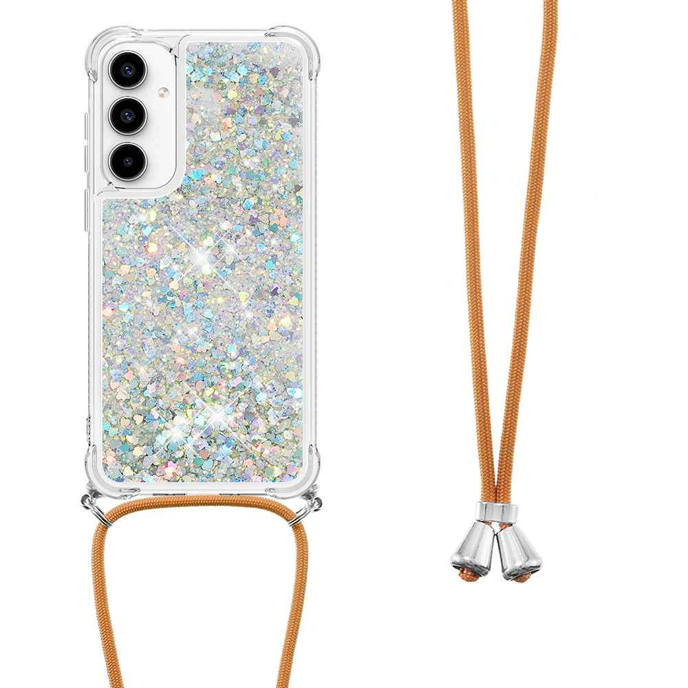 For Samsung Galaxy A57 5G TPU Case Quicksand Phone Cover with Lanyard - Silver / Hearts