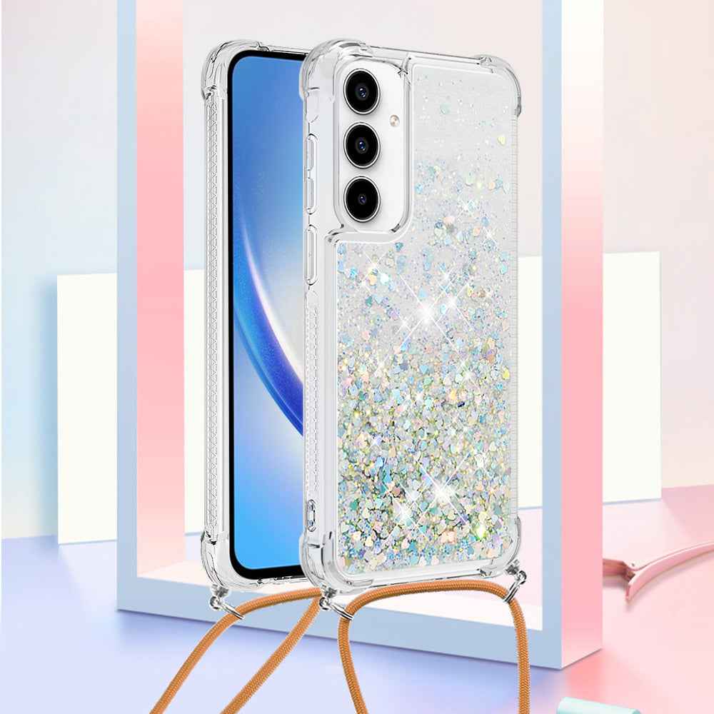 For Samsung Galaxy A57 5G TPU Case Quicksand Phone Cover with Lanyard - Silver / Hearts