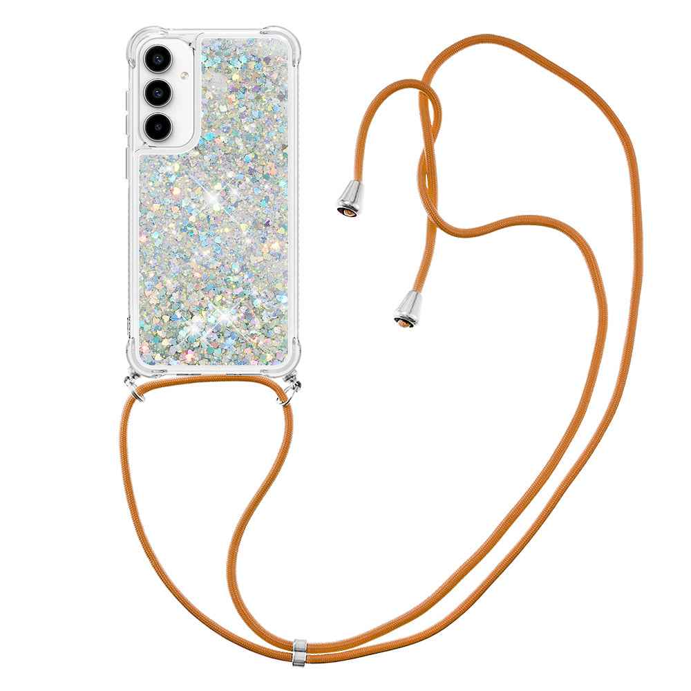 For Samsung Galaxy A57 5G TPU Case Quicksand Phone Cover with Lanyard - Silver / Hearts