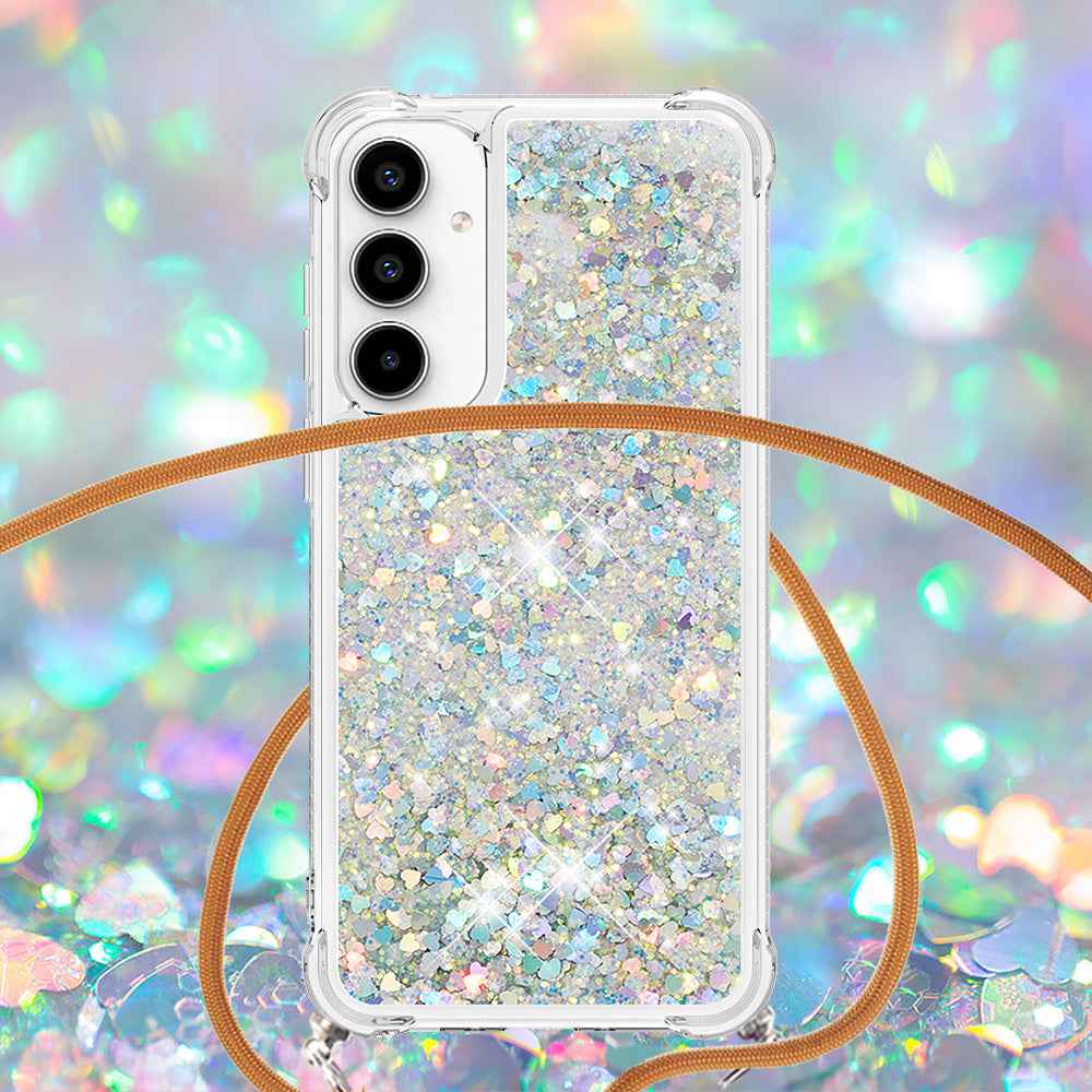 For Samsung Galaxy A57 5G TPU Case Quicksand Phone Cover with Lanyard - Silver / Hearts