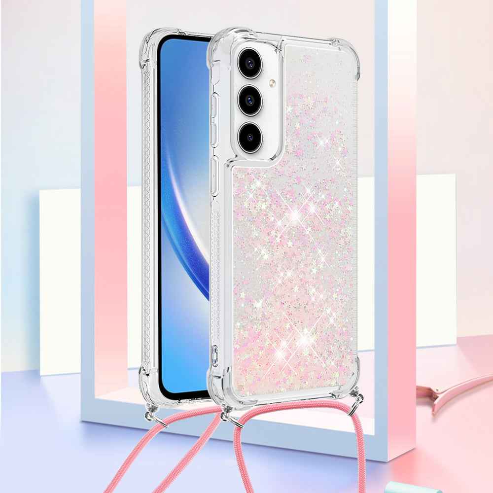 For Samsung Galaxy A57 5G TPU Case Quicksand Phone Cover with Lanyard - Pink / Pentagrams