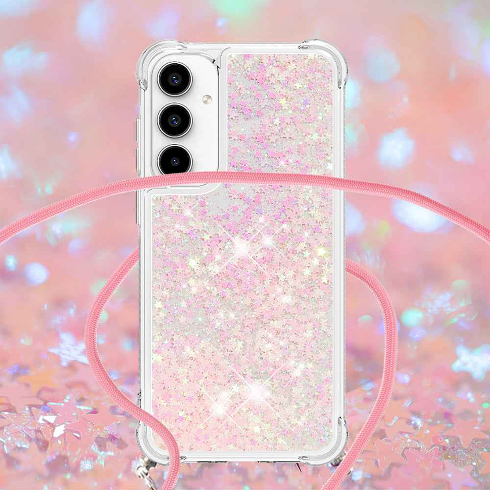 For Samsung Galaxy A57 5G TPU Case Quicksand Phone Cover with Lanyard - Pink / Pentagrams