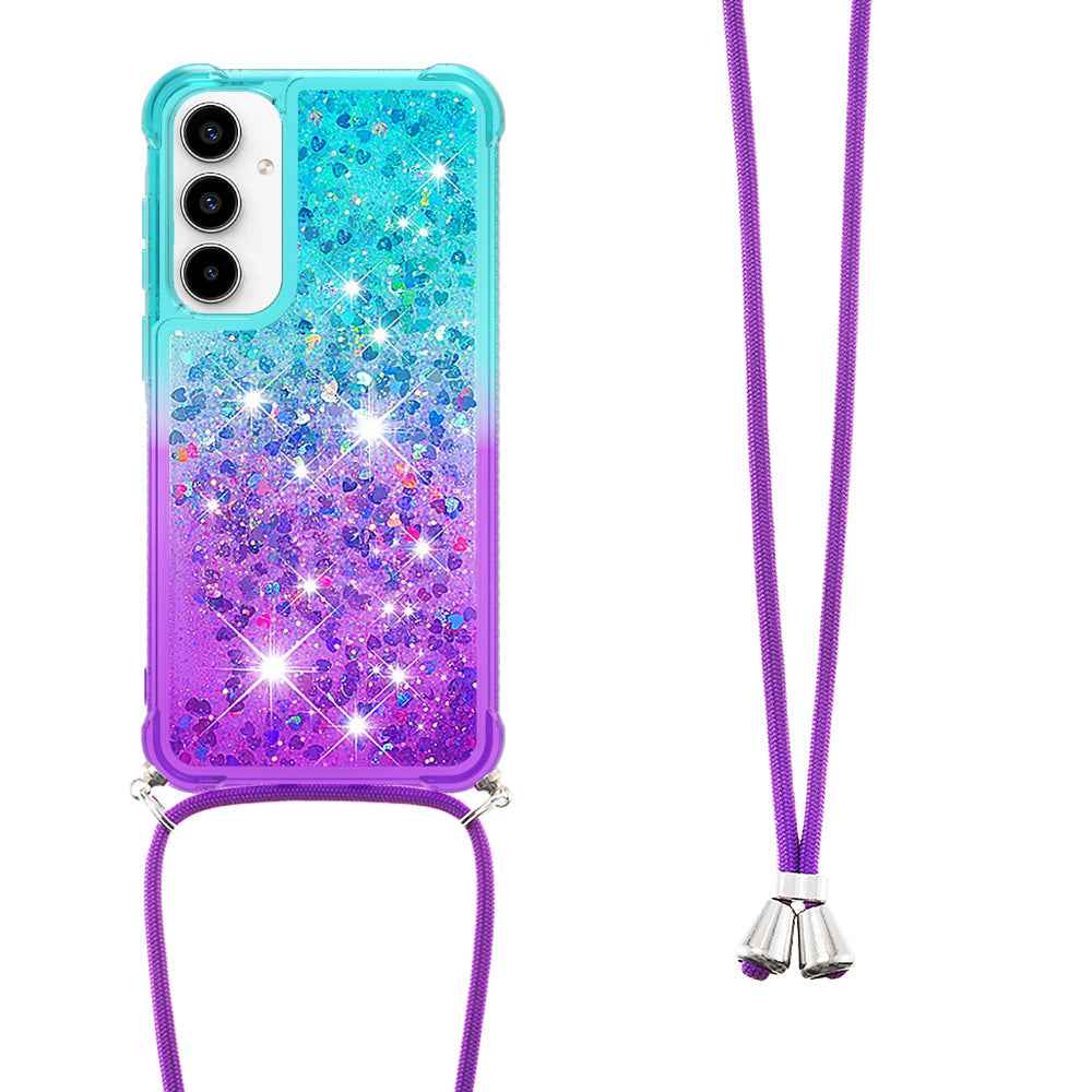 For Samsung Galaxy A57 5G Phone Case Gradient Quicksand TPU Back Cover with Long Strap - Sky Blue/Purple