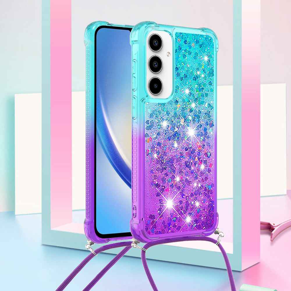 For Samsung Galaxy A57 5G Phone Case Gradient Quicksand TPU Back Cover with Long Strap - Sky Blue/Purple