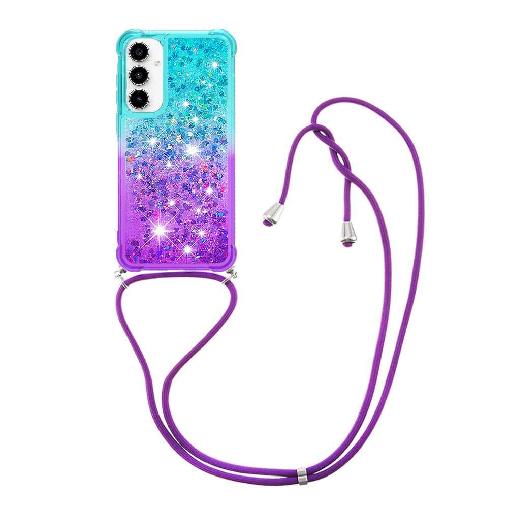 For Samsung Galaxy A57 5G Phone Case Gradient Quicksand TPU Back Cover with Long Strap - Sky Blue/Purple