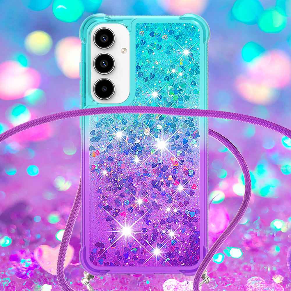 For Samsung Galaxy A57 5G Phone Case Gradient Quicksand TPU Back Cover with Long Strap - Sky Blue/Purple