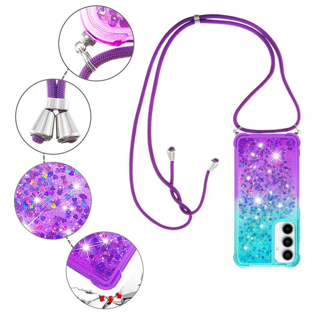 For Samsung Galaxy A57 5G Phone Case Gradient Quicksand TPU Back Cover with Long Strap - Sky Blue/Purple