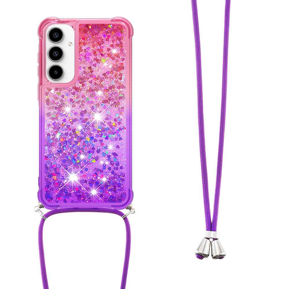 For Samsung Galaxy A57 5G Phone Case Gradient Quicksand TPU Back Cover with Long Strap - Pink/Purple