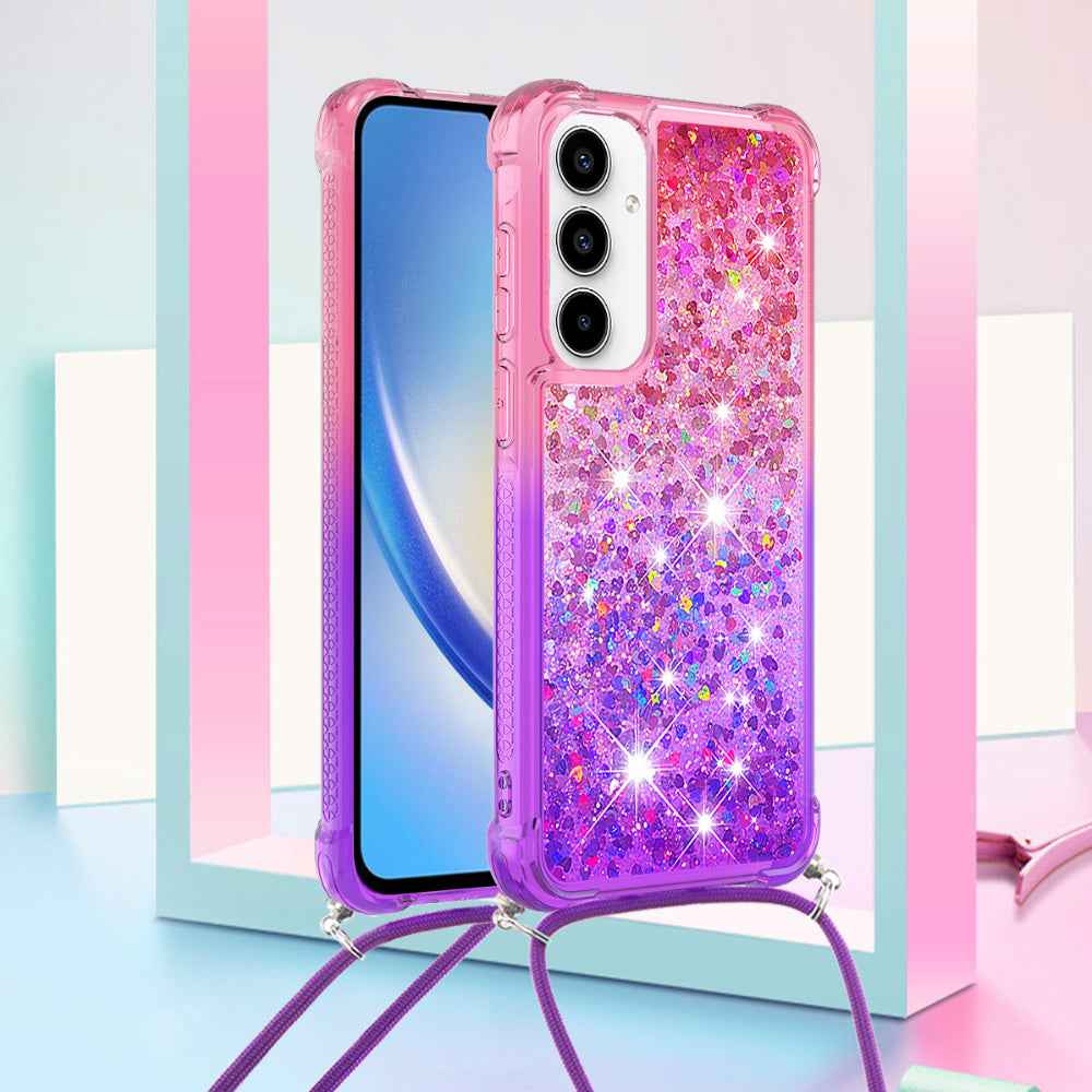 For Samsung Galaxy A57 5G Phone Case Gradient Quicksand TPU Back Cover with Long Strap - Pink/Purple