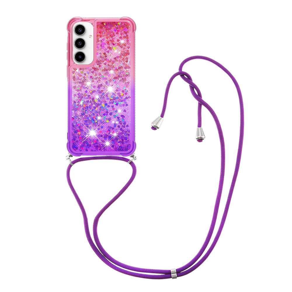 For Samsung Galaxy A57 5G Phone Case Gradient Quicksand TPU Back Cover with Long Strap - Pink/Purple