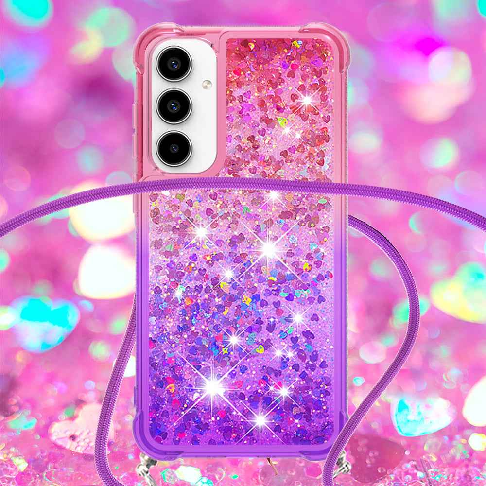 For Samsung Galaxy A57 5G Phone Case Gradient Quicksand TPU Back Cover with Long Strap - Pink/Purple